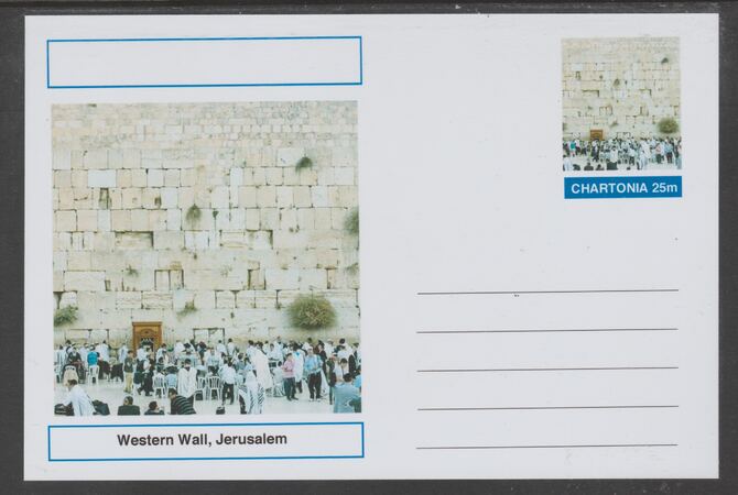Chartonia (Fantasy) Landmarks - Western Wall, Jerusalem postal stationery card unused and fine, stamps on tourism, stamps on judaica