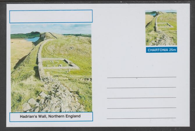 Chartonia (Fantasy) Landmarks - Hadrian's Wall, Northern England postal stationery card unused and fine, stamps on tourism, stamps on 
