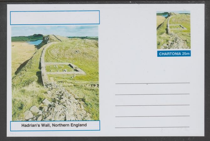 Chartonia (Fantasy) Landmarks - Hadrians Wall, Northern England postal stationery card unused and fine, stamps on tourism, stamps on 