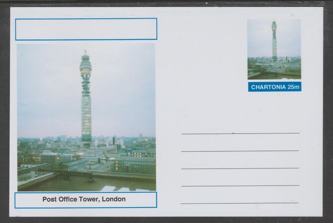 Chartonia (Fantasy) Landmarks - Post Office Tower, London postal stationery card unused and fine, stamps on tourism, stamps on postal, stamps on telephones