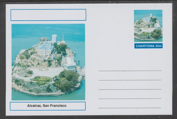 Chartonia (Fantasy) Landmarks - Alcatraz, San Francisco postal stationery card unused and fine, stamps on tourism, stamps on crime