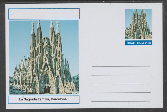 Chartonia (Fantasy) Landmarks - La Sagrada Familia, Barcelona postal stationery card unused and fine, stamps on tourism, stamps on churches