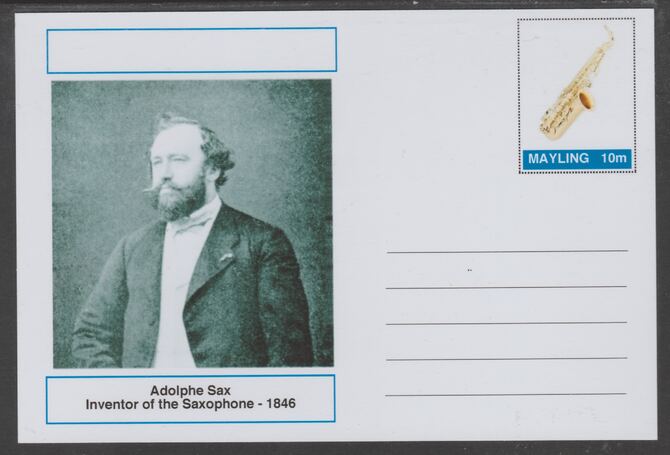 Mayling (Fantasy) Great Minds - Adolph Sax - glossy postal stationery card unused and fine, stamps on personalities, stamps on music