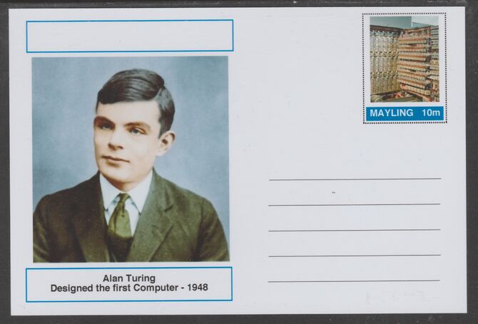 Mayling (Fantasy) Great Minds - Alan Turin - glossy postal stationery card unused and fine, stamps on personalities, stamps on  ww2 , stamps on 