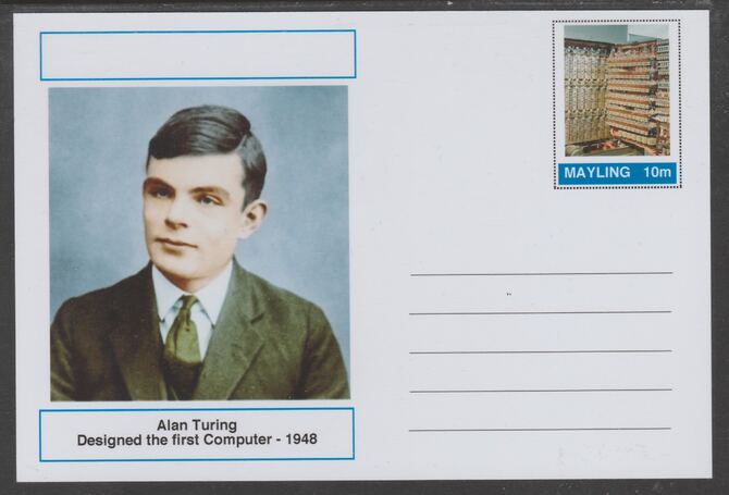 Mayling (Fantasy) Great Minds - Alan Turin - glossy postal stationery card unused and fine, stamps on , stamps on  stamps on personalities, stamps on  stamps on  ww2 , stamps on  stamps on 