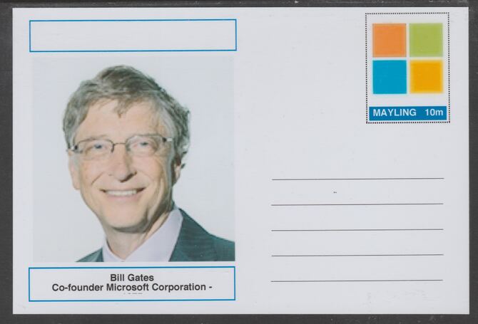 Mayling (Fantasy) Great Minds - Bill Gates - glossy postal stationery card unused and fine, stamps on personalities, stamps on computers
