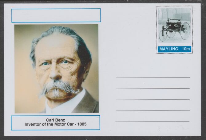Mayling (Fantasy) Great Minds - Carl Benz - glossy postal stationery card unused and fine, stamps on personalities, stamps on cars