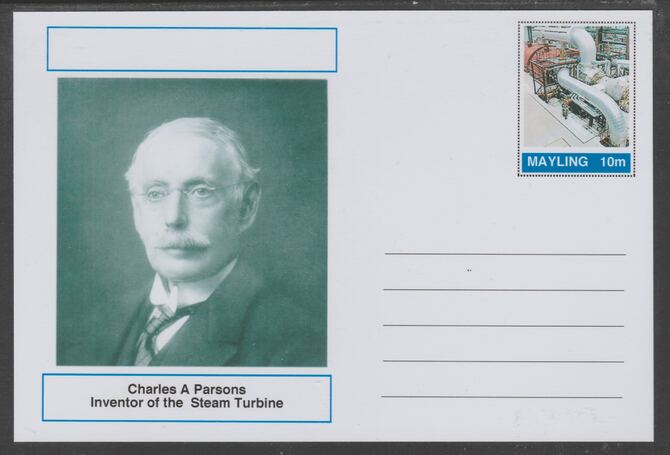 Mayling (Fantasy) Great Minds - Charles A Parsons - glossy postal stationery card unused and fine, stamps on personalities, stamps on science, stamps on 