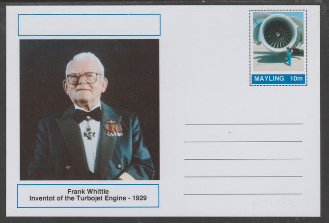 Mayling (Fantasy) Great Minds - Frank Whittle - glossy postal stationery card unused and fine, stamps on personalities, stamps on aviation, stamps on 