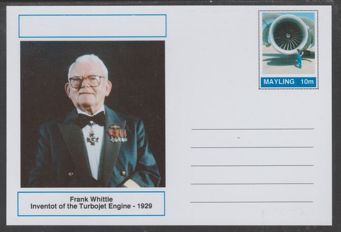 Mayling (Fantasy) Great Minds - Frank Whittle - glossy postal stationery card unused and fine, stamps on , stamps on  stamps on personalities, stamps on  stamps on aviation, stamps on  stamps on 