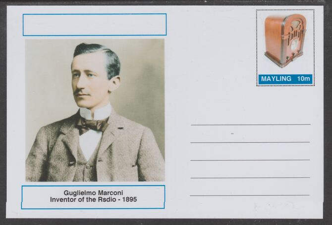 Mayling (Fantasy) Great Minds - Guglielmo Marconi - glossy postal stationery card unused and fine, stamps on personalities, stamps on radio, stamps on 