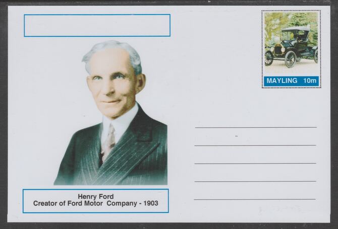 Mayling (Fantasy) Great Minds - Henry Ford - glossy postal stationery card unused and fine, stamps on personalities, stamps on cars, stamps on 
