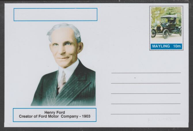 Mayling (Fantasy) Great Minds - Henry Ford - glossy postal stationery card unused and fine, stamps on , stamps on  stamps on personalities, stamps on  stamps on cars, stamps on  stamps on 