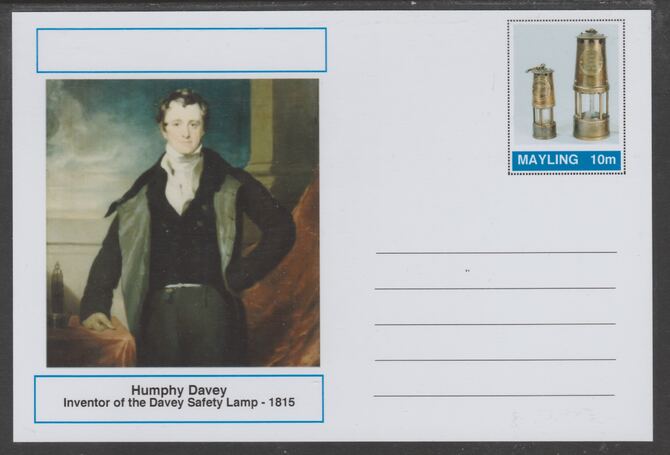 Mayling (Fantasy) Great Minds - Humphy Davey - glossy postal stationery card unused and fine, stamps on personalities, stamps on mining, stamps on 