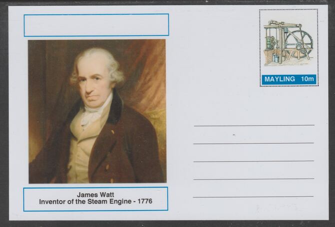 Mayling (Fantasy) Great Minds - James Watt - glossy postal stationery card unused and fine, stamps on personalities, stamps on science, stamps on 