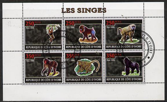 Ivory Coast 2009 Monkeys perf sheetlet containing 6 values fine cto used, stamps on animals, stamps on apes