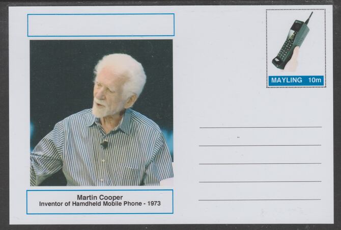 Mayling (Fantasy) Great Minds - Martin Cooper - glossy postal stationery card unused and fine, stamps on , stamps on  stamps on personalities, stamps on  stamps on telephones, stamps on  stamps on 