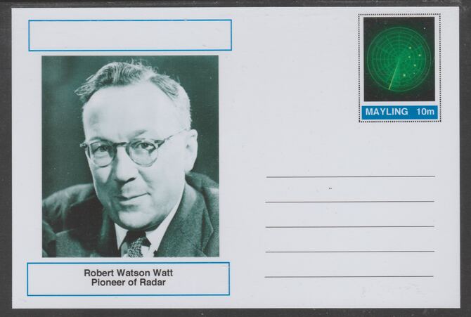 Mayling (Fantasy) Great Minds - Robert Watson Watt - glossy postal stationery card unused and fine, stamps on personalities, stamps on radar, stamps on 