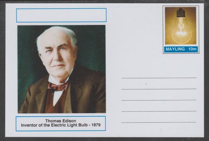 Mayling (Fantasy) Great Minds - Thomas Edison - glossy postal stationery card unused and fine, stamps on , stamps on  stamps on personalities, stamps on  stamps on science, stamps on  stamps on 