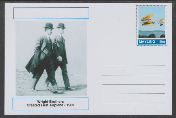 Mayling (Fantasy) Great Minds - Wright Brothers - glossy postal stationery card unused and fine, stamps on personalities, stamps on aviation, stamps on 