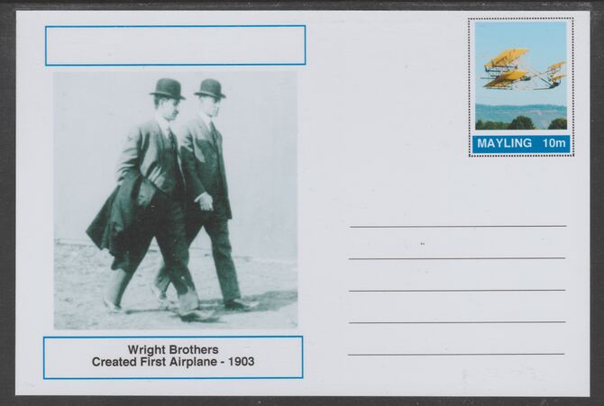 Mayling (Fantasy) Great Minds - Wright Brothers - glossy postal stationery card unused and fine, stamps on , stamps on  stamps on personalities, stamps on  stamps on aviation, stamps on  stamps on 