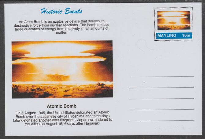 Mayling (Fantasy) Historic Events - Atomic Bomb - glossy postal stationery card unused and fine, stamps on atomics