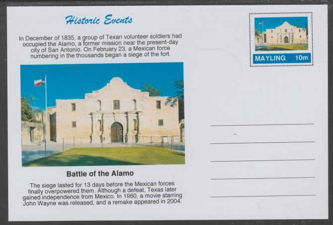Mayling (Fantasy) Historic Events - Battle of the Alamo - glossy postal stationery card unused and fine, stamps on battles, stamps on americana
