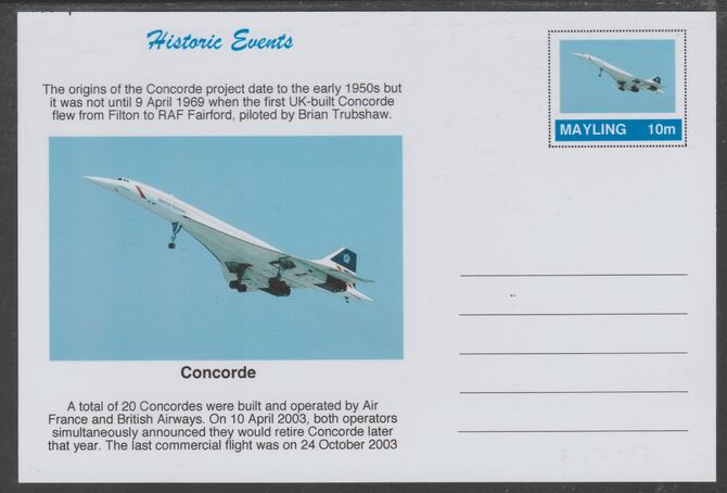 Mayling (Fantasy) Historic Events - Concorde - glossy postal stationery card unused and fine, stamps on aviation, stamps on concorde