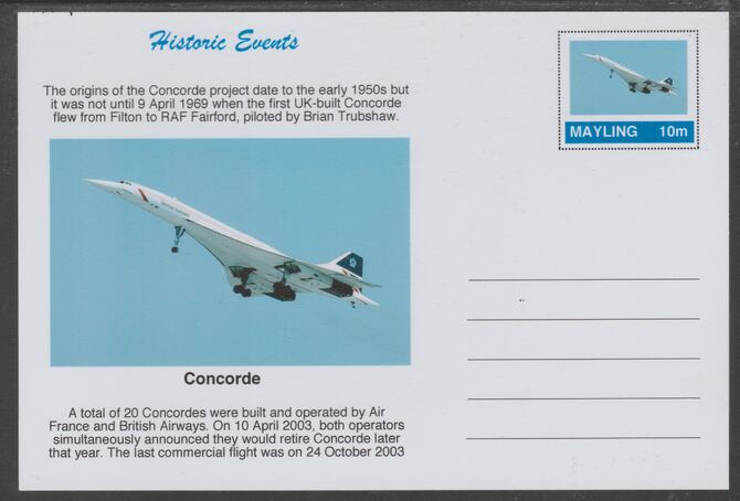 Mayling (Fantasy) Historic Events - Concorde - glossy postal stationery card unused and fine, stamps on , stamps on  stamps on aviation, stamps on  stamps on concorde