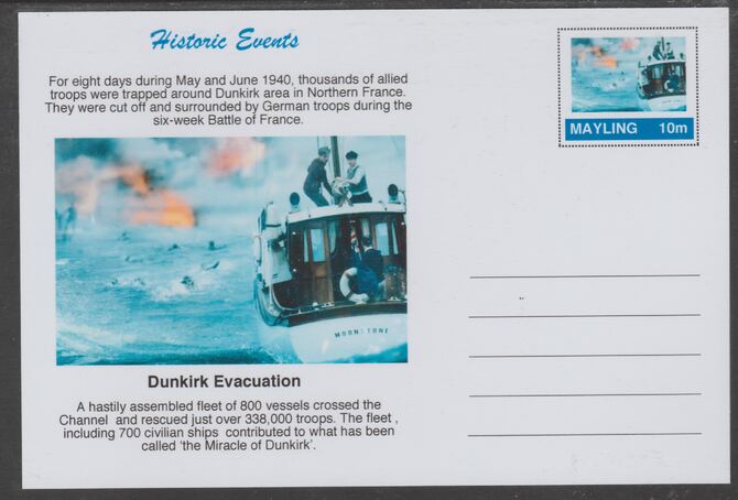 Mayling (Fantasy) Historic Events - Dunkirk Evacuation - glossy postal stationery card unused and fine, stamps on , stamps on  ww2 , stamps on ships