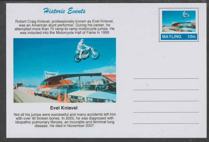 Mayling (Fantasy) Historic Events - Evel Knievel - glossy postal stationery card unused and fine, stamps on , stamps on  stamps on motorcycles