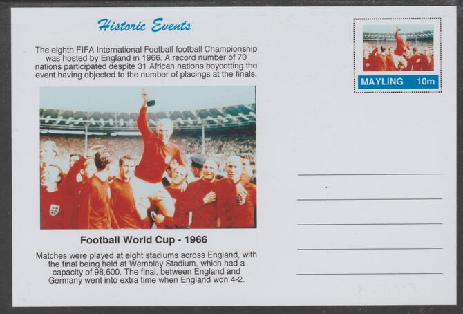Mayling (Fantasy) Historic Events - Football World Cup 1966 - glossy postal stationery card unused and fine, stamps on football