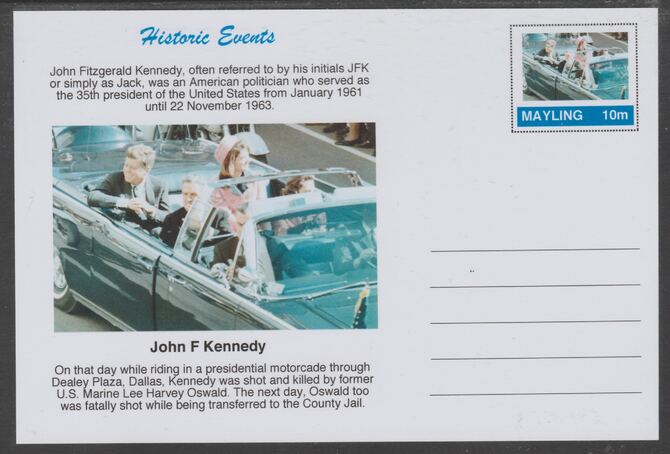 Mayling (Fantasy) Historic Events - John F Kennedy - glossy postal stationery card unused and fine, stamps on , stamps on  stamps on kennedy, stamps on  stamps on us presidents