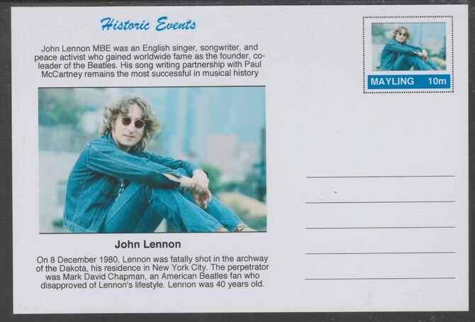 Mayling (Fantasy) Historic Events - John Lennon - glossy postal stationery card unused and fine, stamps on lennon, stamps on music