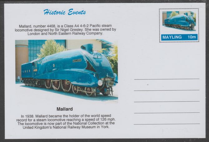 Mayling (Fantasy) Historic Events - Mallard - glossy postal stationery card unused and fine, stamps on railways