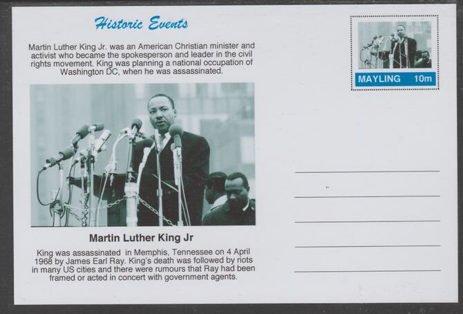 Mayling (Fantasy) Historic Events - Martin Luther King Jr - glossy postal stationery card unused and fine, stamps on americana, stamps on civil rights
