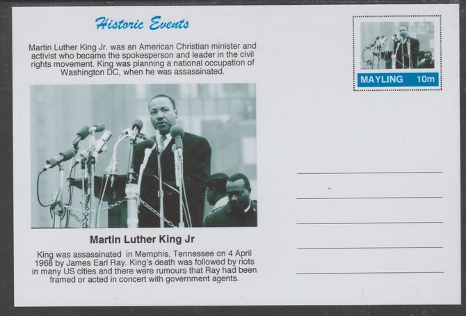 Mayling (Fantasy) Historic Events - Martin Luther King Jr - glossy postal stationery card unused and fine, stamps on , stamps on  stamps on americana, stamps on  stamps on civil rights