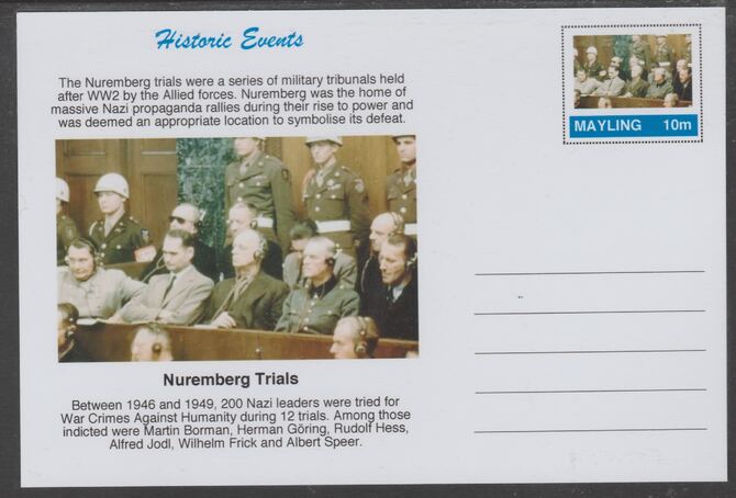 Mayling (Fantasy) Historic Events - Nuremberg Trials - glossy postal stationery card unused and fine, stamps on , stamps on  ww2 , stamps on 