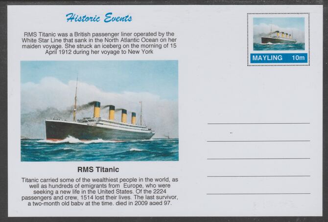 Mayling (Fantasy) Historic Events - RMS Titanic - glossy postal stationery card unused and fine, stamps on , stamps on  stamps on ships, stamps on  stamps on titanic, stamps on  stamps on disasters