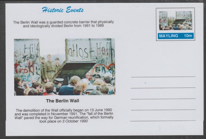 Mayling (Fantasy) Historic Events - Berlin Wall - glossy postal stationery card unused and fine, stamps on , stamps on  stamps on , stamps on  stamps on  ww2 , stamps on  stamps on 