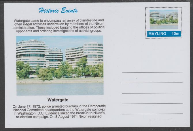 Mayling (Fantasy) Historic Events - Watergate - glossy postal stationery card unused and fine, stamps on us presidents, stamps on nixon, stamps on americana