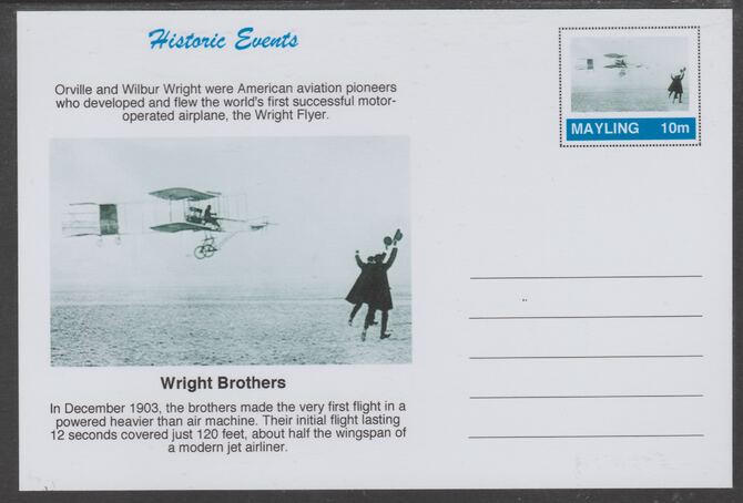 Mayling (Fantasy) Historic Events - Wright Brothers - glossy postal stationery card unused and fine, stamps on aviation, stamps on wright