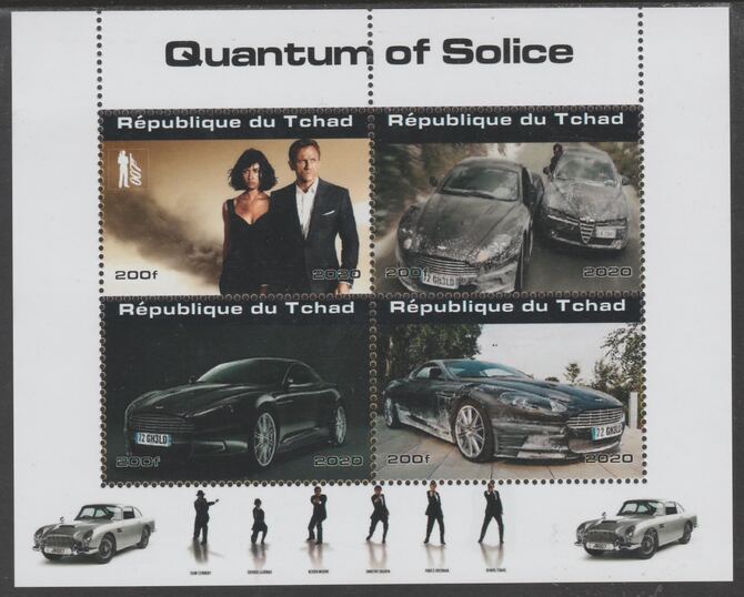 Chad 2020 James Bond - Quantum of Solice perf sheetlet containing 4 values unmounted mint. Note this item is privately produced and is offered purely on its thematic appeal, stamps on , stamps on  stamps on movies, stamps on  stamps on films, stamps on  stamps on cinena.james bond, stamps on  stamps on  spy , stamps on  stamps on cars