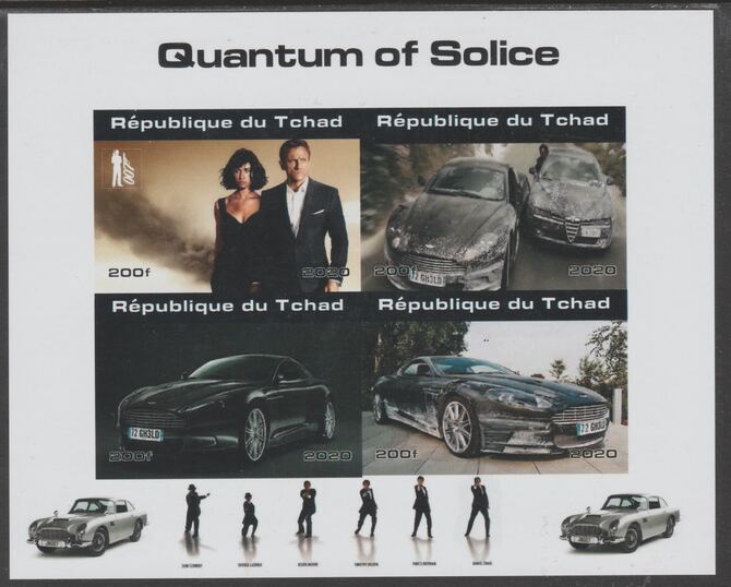Chad 2020 James Bond - Quantum of Solice imperf sheetlet containing 4 values unmounted mint. Note this item is privately produced and is offered purely on its thematic appeal, stamps on movies, stamps on films, stamps on cinena.james bond, stamps on  spy , stamps on cars