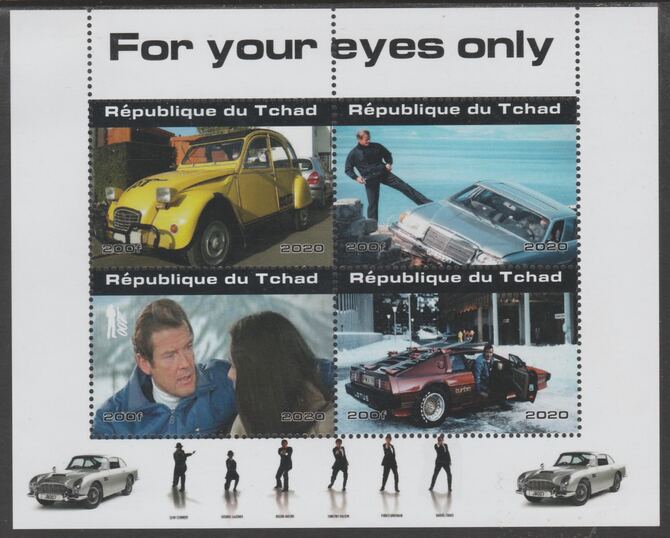 Chad 2020 James Bond - For Your Eyes Only perf sheetlet containing 4 values unmounted mint. Note this item is privately produced and is offered purely on its thematic appeal, stamps on movies, stamps on films, stamps on cinena.james bond, stamps on  spy , stamps on cars