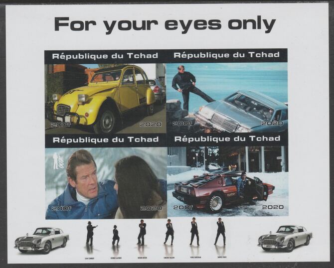 Chad 2020 James Bond - For Your Eyes Only imperf sheetlet containing 4 values unmounted mint. Note this item is privately produced and is offered purely on its thematic appeal, stamps on movies, stamps on films, stamps on cinena.james bond, stamps on  spy , stamps on cars