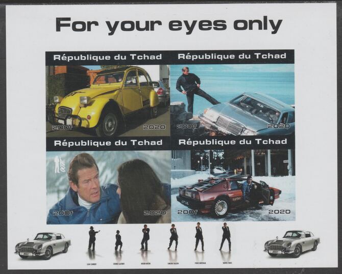 Chad 2020 James Bond - For Your Eyes Only imperf sheetlet containing 4 values unmounted mint. Note this item is privately produced and is offered purely on its thematic a..., stamps on movies, stamps on films, stamps on cinena.james bond, stamps on  spy , stamps on cars