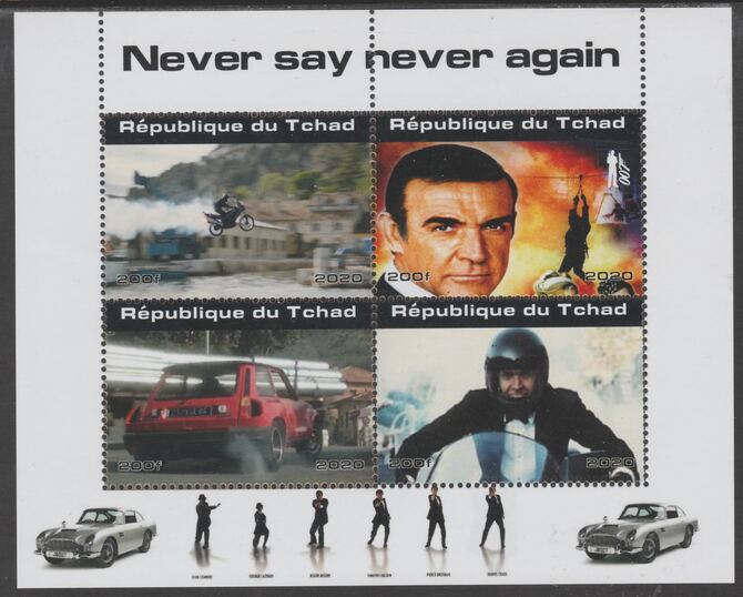Chad 2020 James Bond - Never Say Never Again perf sheetlet containing 4 values unmounted mint. Note this item is privately produced and is offered purely on its thematic ..., stamps on movies, stamps on films, stamps on cinena.james bond, stamps on  spy , stamps on cars, stamps on motorcycles