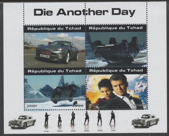 Chad 2020 James Bond - Die Another Day perf sheetlet containing 4 values unmounted mint. Note this item is privately produced and is offered purely on its thematic appeal, stamps on , stamps on  stamps on movies, stamps on  stamps on films, stamps on  stamps on cinena.james bond, stamps on  stamps on  spy , stamps on  stamps on cars