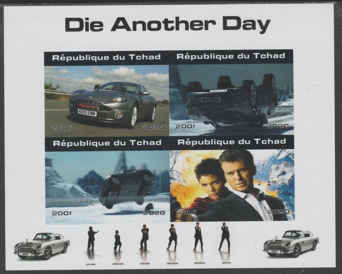 Chad 2020 James Bond - Die Another Day imperf sheetlet containing 4 values unmounted mint. Note this item is privately produced and is offered purely on its thematic appeal, stamps on movies, stamps on films, stamps on cinena.james bond, stamps on  spy , stamps on cars